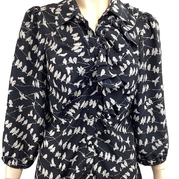 By Stella Black Bird Print Ruffle Blouse Size Small Unique Black & White - Picture 7 of 8